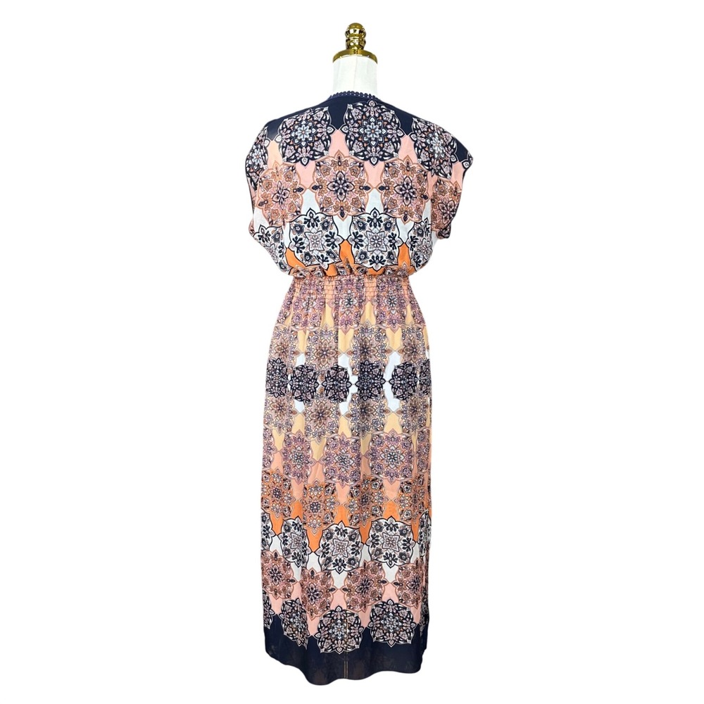 Enfocus Studio Women Navy Orange Medallion Print V-Neck Maxi Dress Size 10 - Picture 5 of 7